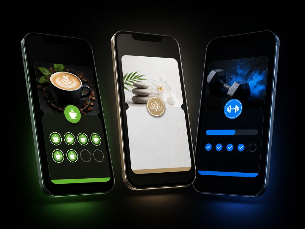 Tres teléfonos con tarjetas digitales de una cafetería, un spa y un gimnasio