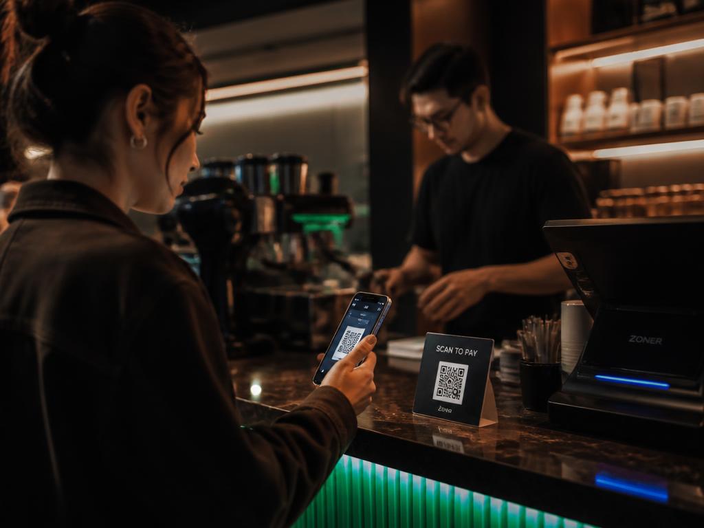 Cliente escaneando un QR desde el mostrador de un negocio